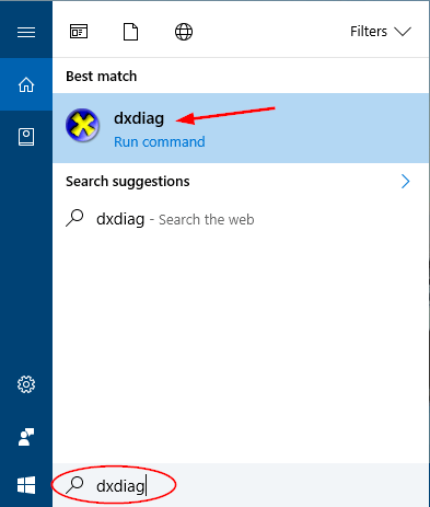 Then search for the dxdiag and hit enter